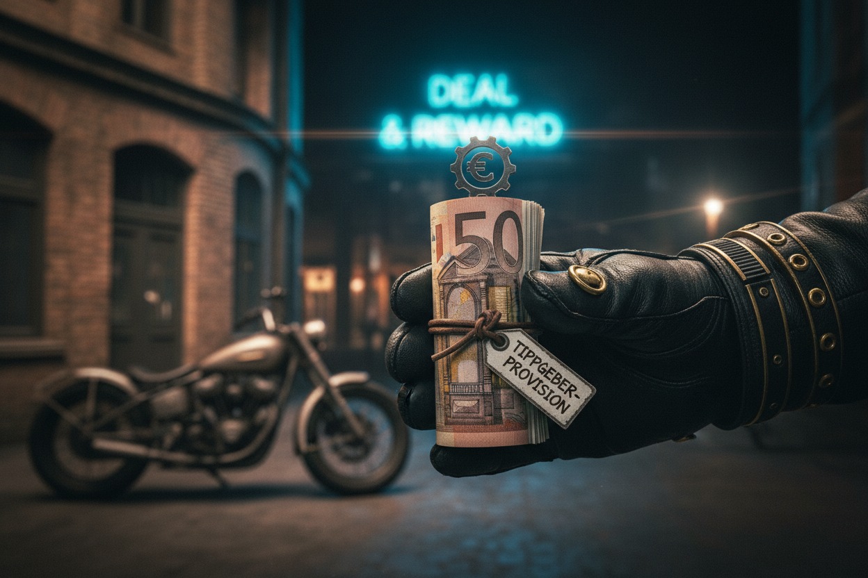Eine Hand hält ein Bündel 100-Euro-Scheine mit einem Anhänger, auf dem „Tippgeber-Provision“ steht, vor einem unscharfen Motorrad und einem leuchtenden „Deal & Reward“-Schild.